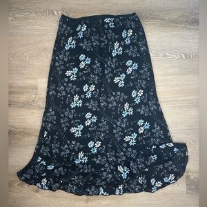 🎁 VINTAGE 90s Black Floral Midi Skirt Ruffle Hem Lace Trim